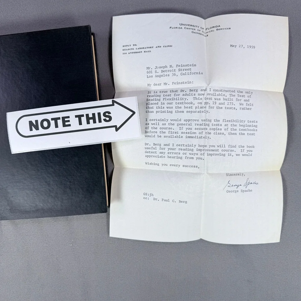 Faster Reading for Business 1958 George Spache Paul‎ Berg Signed Letter 1st Ed